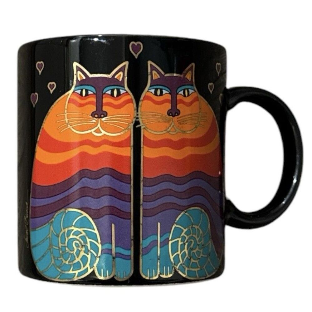 Vintage Laurel Burch Rainbow Cats Mug Black 16 oz Colorful Art Coffee Cup